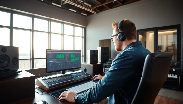 Engineer working on online mastering in a vibrant audio studio with high-tech equipment.