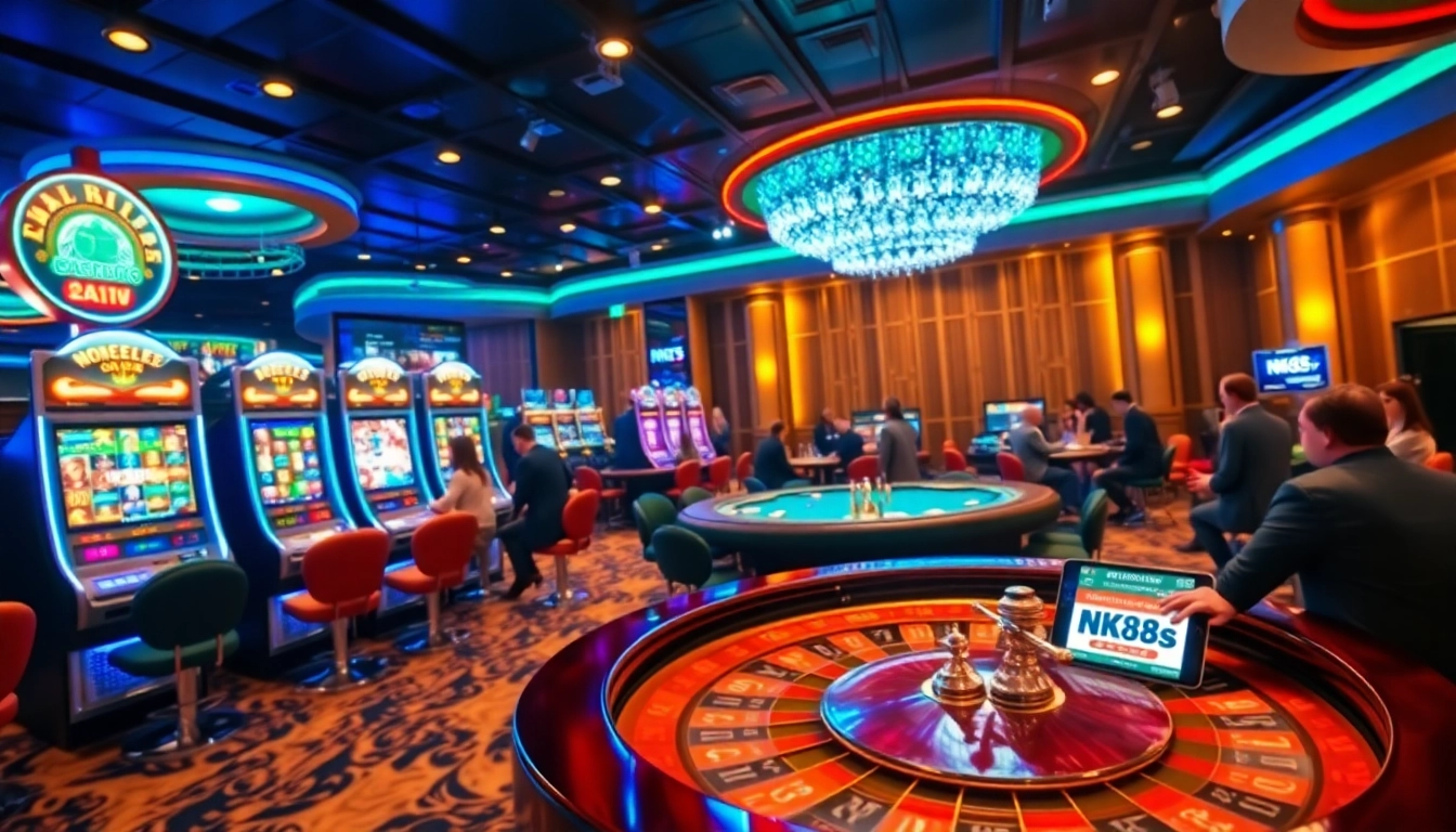 High-stakes gaming at https://nk88s.net/ with engaged players at a luxurious casino.