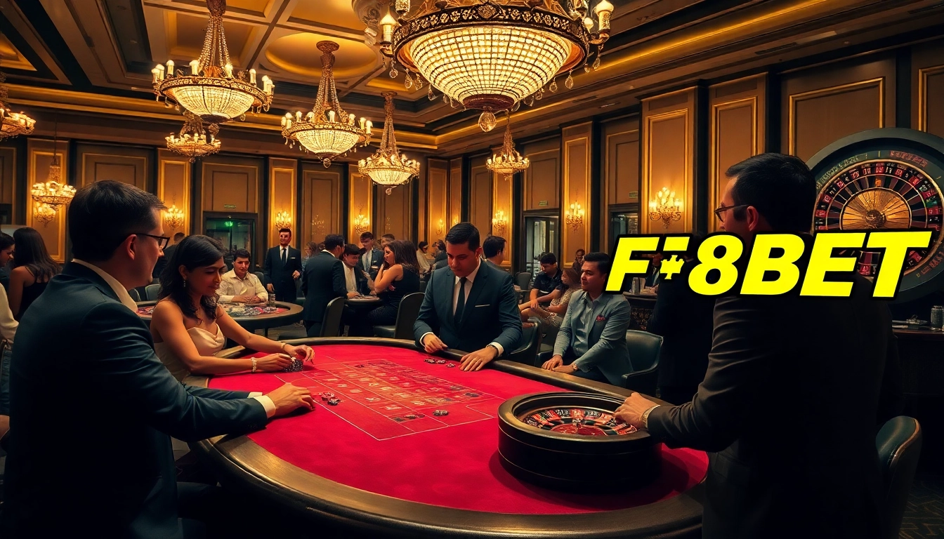 Experience thrilling gameplay at F8BET's luxurious casino with players at a vibrant blackjack table.