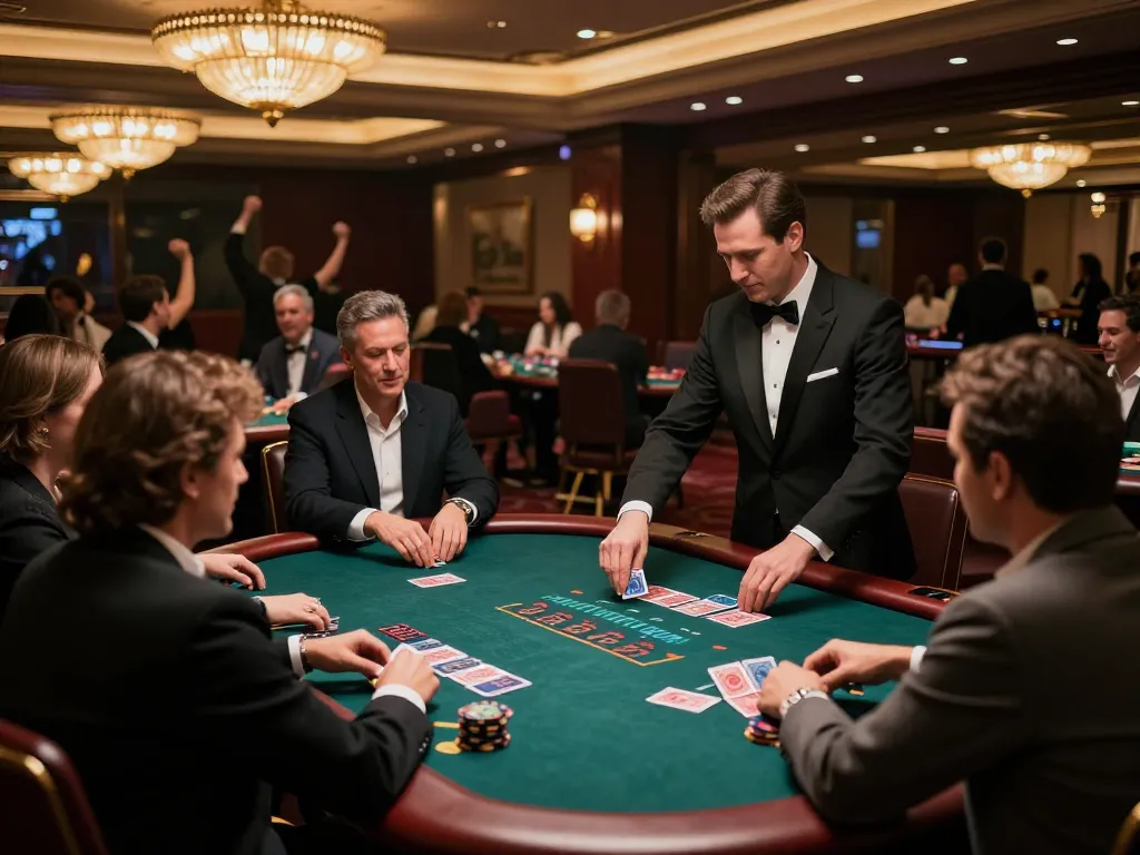 RR88 poker players strategizing their bets at a luxurious table under ambient lights