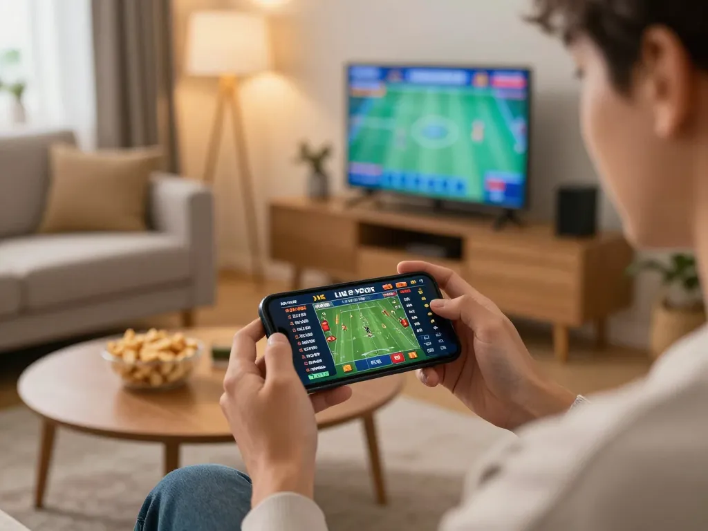 Xem bóng đá trực tuyến on smartphone in a cozy home environment with casual gaming setup
