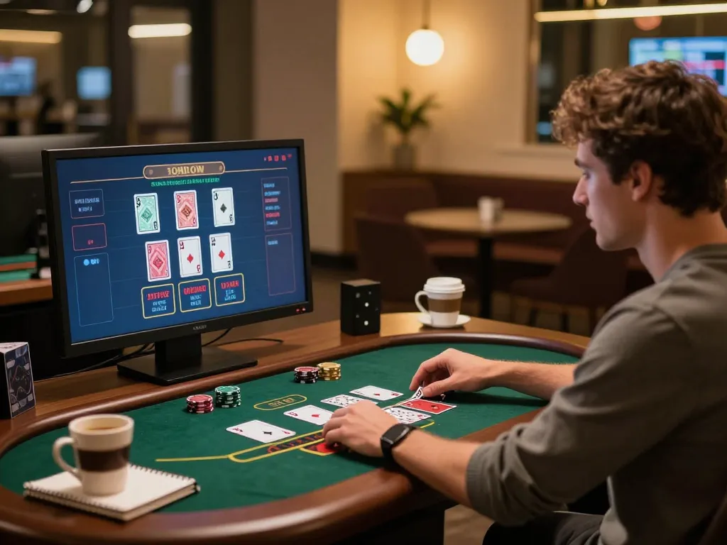 Winwin player engaging in live dealer blackjack at home with warm lighting and strategic notes.