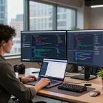 Dynamic workspace where Techsslaash developer codes, showcasing innovation and modern tech culture.