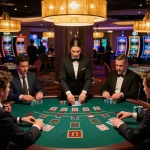 Players engaging in intense blackjack gameplay at a high-end casino table, showcasing Go 88 excitement.