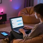 Engaging scene of an AI chat porn interaction, featuring a user in a cozy setup with a laptop, plush seating, and ambient lighting.