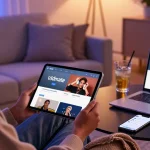 Enjoying Vidmate APK on a tablet in a cozy living room with ambient lighting.