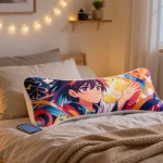 Custom body pillow design displayed in a cozy bedroom with soft lighting.