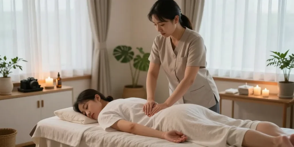 Relaxing 신촌출장마사지 session in a soothing therapy room with ambient lighting and skilled therapist.