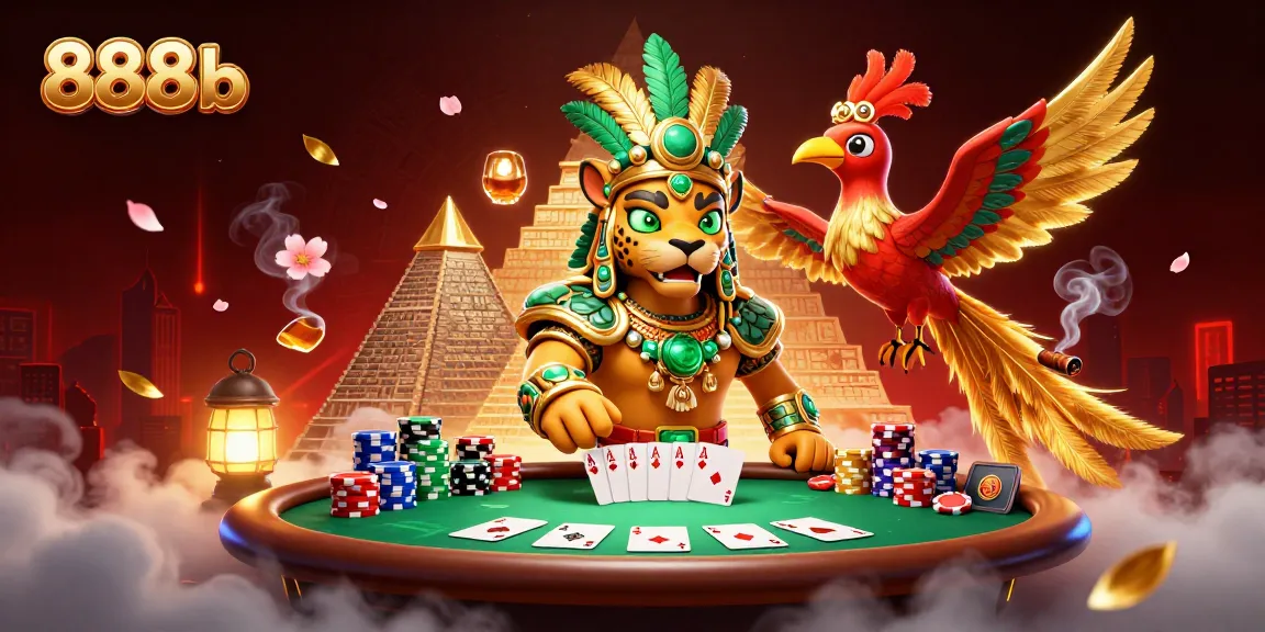 Experience vibrant poker action with 888b, featuring a priest, quetzal, and dynamic casino elements.