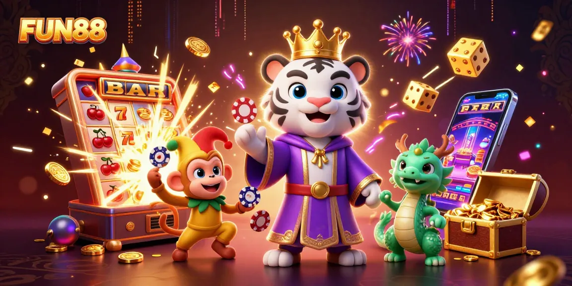 Experience the excitement of FUN88 with vibrant casino action, showcasing vibrant characters and winning elements.