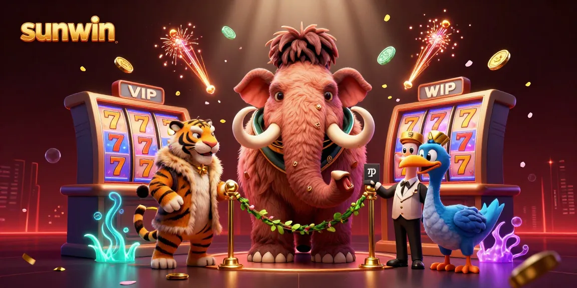 Experience the excitement at sunwin casino with a vibrant 3D illustration of a mammoth bouncer, showcasing winning slot games and radiant designs.