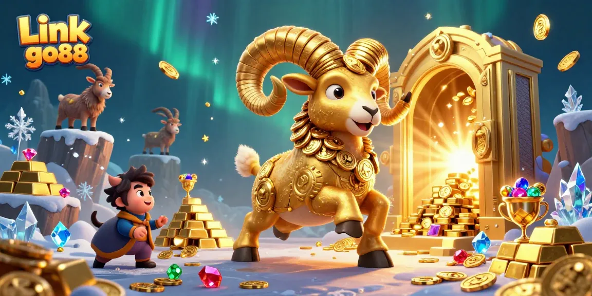 Experience the excitement of Link go88 with our dynamic golden ram charging through a vibrant casino world.